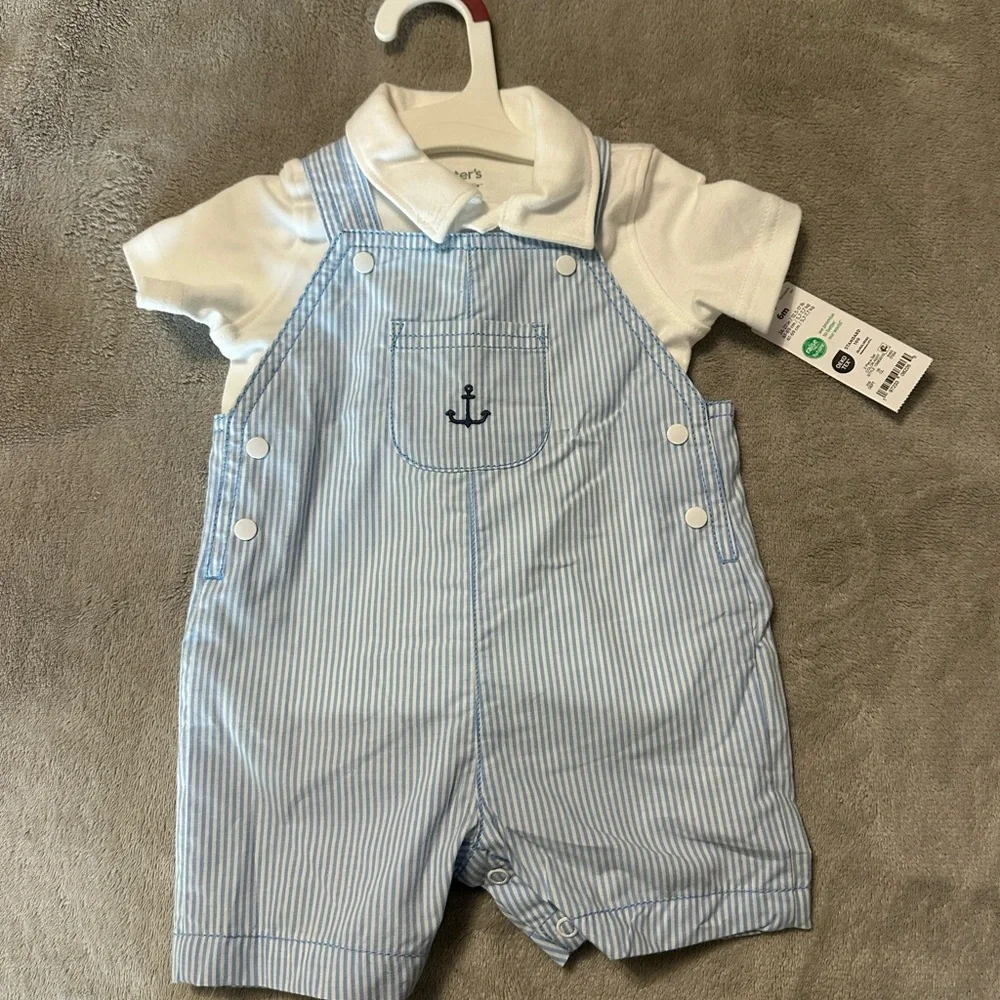 Carter Blue Striped Baby Overalls with Anchor nwt